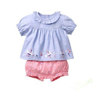 Baby Boden Bird Embroidered Applique and Floral Shorts Set 18-24M